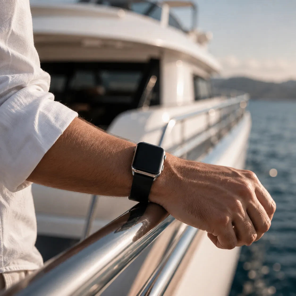 Meridia One on a wrist resting on a yacht railing with marina lights behind